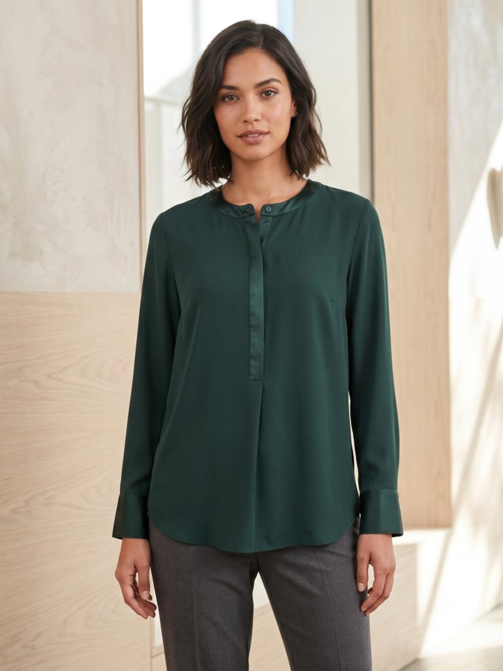 Merona Green Tunic Top XL Popover Satin Trim Office Minimalist Quiet Luxury Corp